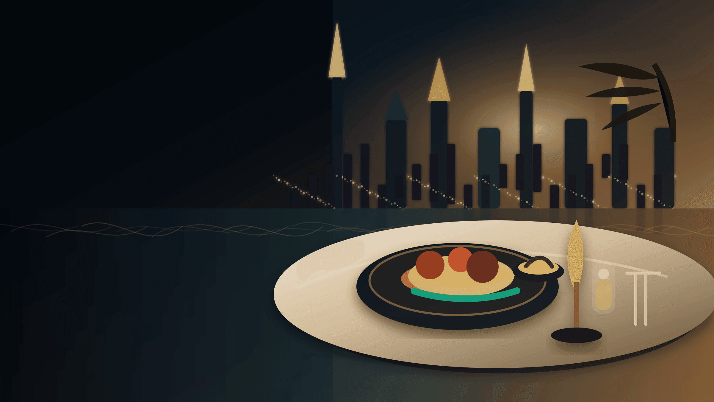 Dubai skyline waterfront dining table with premium food
